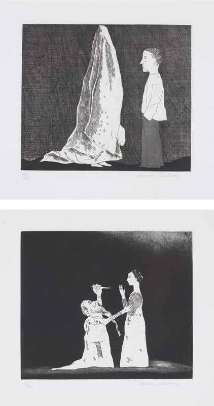 David Hockney, ‘The Sexton Disguised as a Ghost; and Old Rinkrank Threatens the Princess, plates 20 and 30 from Illustrations for Six Fairy Tales from the Brothers Grimm’, 1969, Print, Two etching and aquatints, on Hodgkinson handmade wove paper watermarked 'DH / PP', with full margins., Phillips
