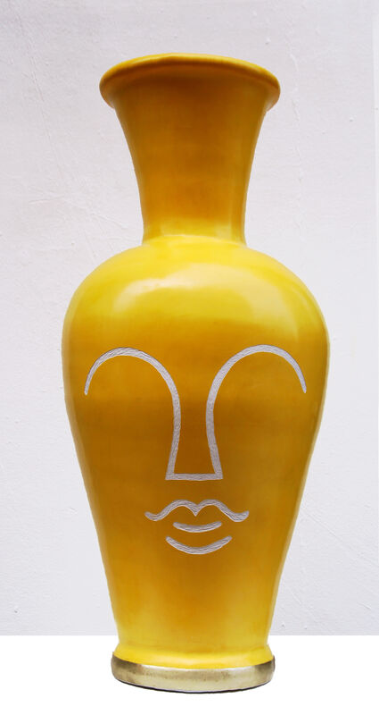 Remed, ‘Visage Jaune’, 2019, Sculpture, Clay and engraved stucco jar, David Bloch Gallery