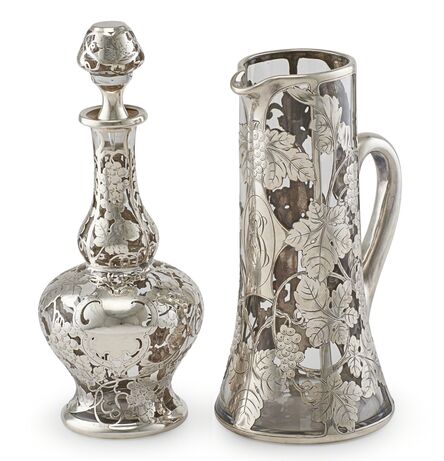 ‘Sterling Silver Overlay Glass Pitcher & Decanter’, ca. 1900