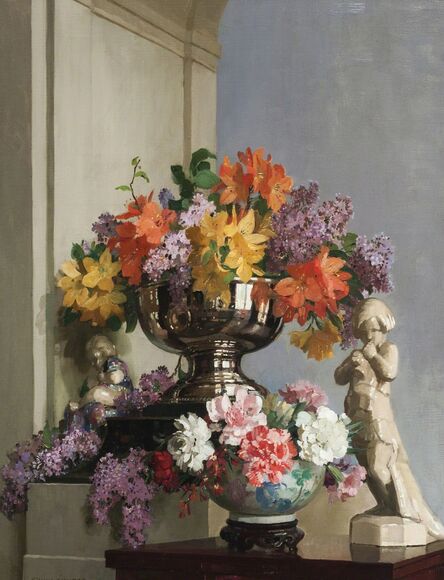 Herbert Davis Richter, ‘Still life with flowers and a statue’