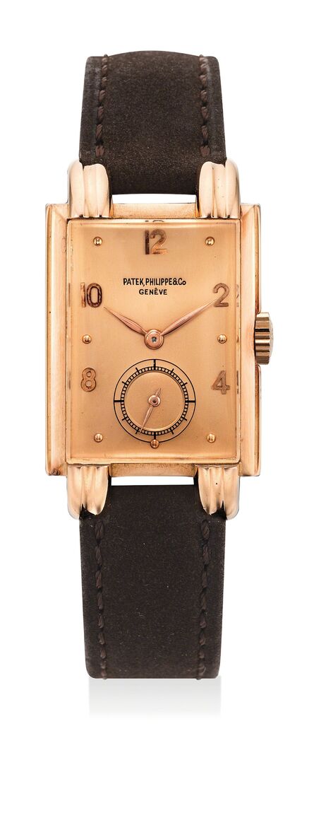 Patek Philippe, ‘A very rare and attractive rectangular pink gold wristwatch with pink champagne dial and exquisite lugs’, 1946