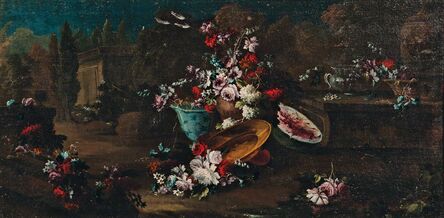 School of Mario Nuzzi, ‘Sprays and Vases of Flowers in a Classical Landscape’