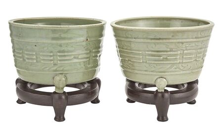 ‘Pair of Chinese Longquan Celadon 'Trigrams' Tripod Cachepots’, Ming Dynasty