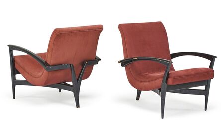 ‘Style of Monteverdi Young, Pair of lounge chairs, enameled wood, upholstery’, 1960s