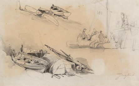 Johan Barthold Jongkind, ‘Études de barques et de personnages and Bateau de pêche au quai (double-sided work)’, circa 1846-8