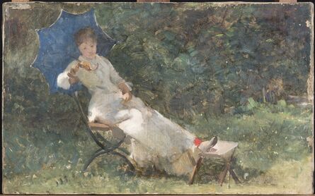 ÉCOLE IMPRESSIONNISTE DU XIXe SIÈCLE, ‘Femme à l'ombrelle bleue allongée dans un jardin’
