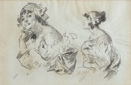 Jules Chéret, ‘Sketch of a woman side profile, and Head studies of lady in bonnet’, c. 1918-1921