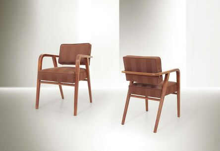 Franco Albini, ‘a pair of chairs with a wooden structure and fabric upholstery’, 1945