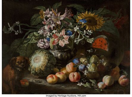 Abraham Brueghel, ‘A still life of fruit and flowers in a footed gadrooned silver vase with a spaniel looking on’, 1685