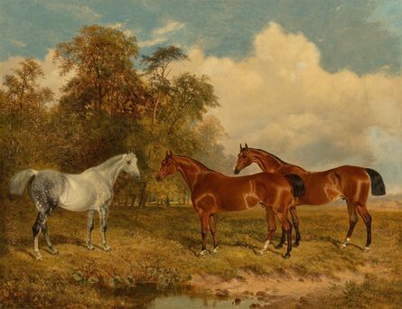James Walsham Baldock, ‘Two bay horses and a dappled grey in a field with trees on the left’, 1869