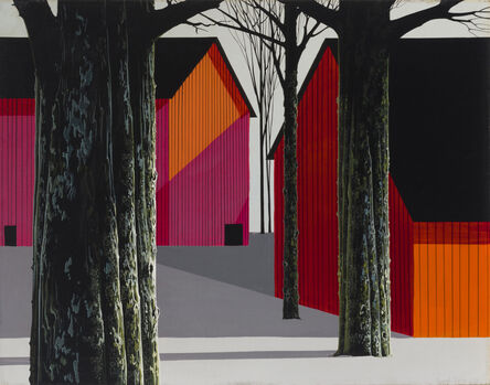 Eyvind Earle, ‘Red Barns and Tall Trees Casting Shadows in a Snow Covered Precisionist Landscape’, 1970