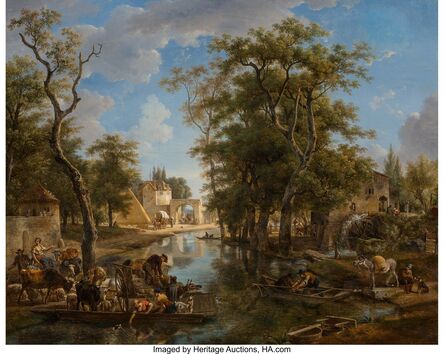 Jean-Louis Demarne, ‘A lively canal scene with ferries and boats conveying townspeople and animals’