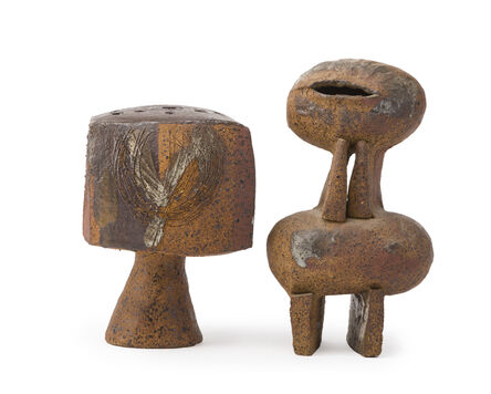Betty Feves, ‘Two works: Bud vase, Stylized clay figure’