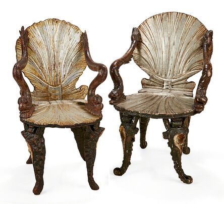 ‘Pair of Venetian Painted & Silvered Grotto Chairs’, Early 20th c.
