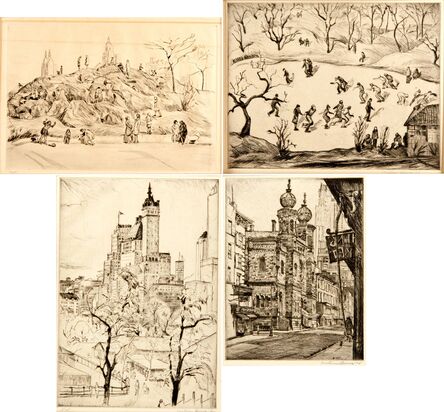 Mortimer Borne, ‘The Anthill, Central Park, 1931, Skaters, Central Park, 1938, Plaza Towers, 1930 and Central Synagogue, Lex. Ave., 1938’