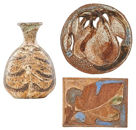 Marguerite Wildenhain, ‘Three works, Guerneville, CA: vase with leaves, tile with figs, and roundel with pears’