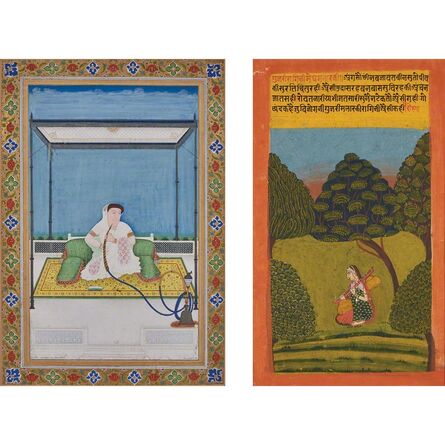 Indian School, ‘Two: One from a Ragamala, Gujari Ragini, depicting a female holding a vina within a lush landscape; the other of an elderly woman seated against a floral-patterned bolster smoking hookah on a terrace’, 19th Century