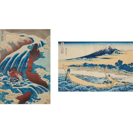 Katsushika Hokusai, ‘Two Woodblock Prints: One from the series, Famous Waterfalls in Various Provinces, Yoshitsune Falls; and 36 Views of Mount Fuji, The coastline near Ejiri Tago on the Tokaido Road.’