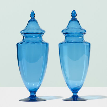 Steuben Glass, ‘Celeste Blue lidded vases, pair’, c. 1920