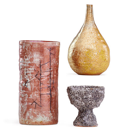 Beatrice Wood, ‘Gold Iridescent Teardrop Vase, Oxblood Cylindrical Vase, And Small Volcanic Coupe, Ojai, CA’