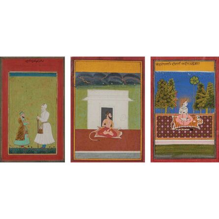 Indian School, ‘Three Artworks: A portrait of Nizam-ul-Mulk and his son Nasir Jung; portrait of a man seated on a leopard rug; portrait of Krishna seated on a tiger rug under the night sky’, 18th/19th Century