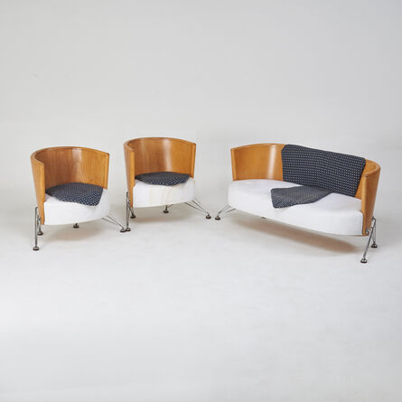 Continental, ‘Architectural settee and pair of club chairs’, ca.  1980s