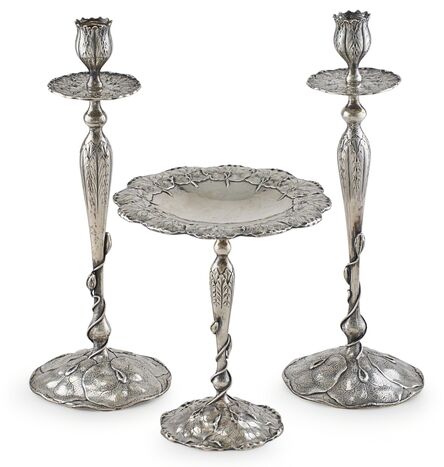 Shreve & Co., ‘Shreve & Co. San Francisco Sterling Silver Pair Of Tall Candlesticks & Compote’, early 20th c.