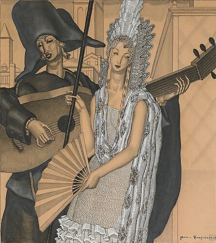 Jean Dupas, ‘Untitled (Spanish Noble Woman Standing with Lutist)’, 1929