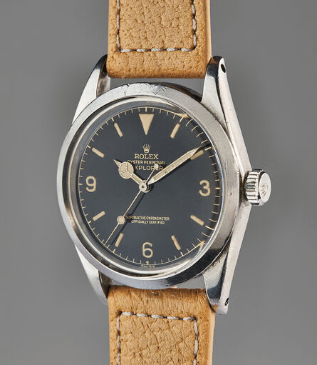 Rolex, ‘An early and attractive stainless steel wristwatch with black lacquer “exclamation” dial’, 1963