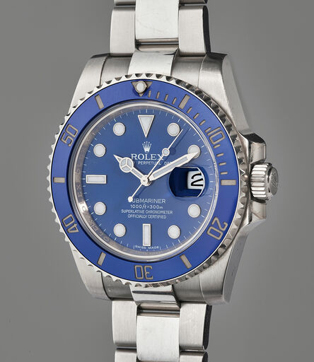Rolex, ‘A very fine, heavy, and commanding white gold diver’s wristwatch with blue ceramic bezel, date, bracelet, accessories, and original hang tag’, 2008