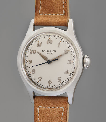 Patek Philippe, ‘An extremely rare and highly attractive stainless steel wristwatch with center seconds, silvered dial, Breguet numerals, luminous hour markers, and luminous hands’, 1950