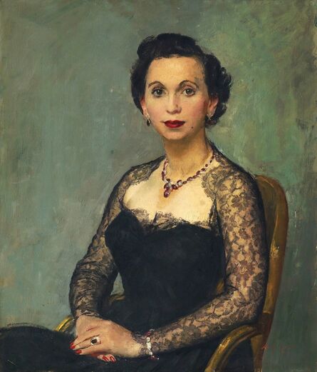 Henry Marvell Carr, ‘Portrait of Mrs Theodore Baron seated three-quarter length in a black dress’