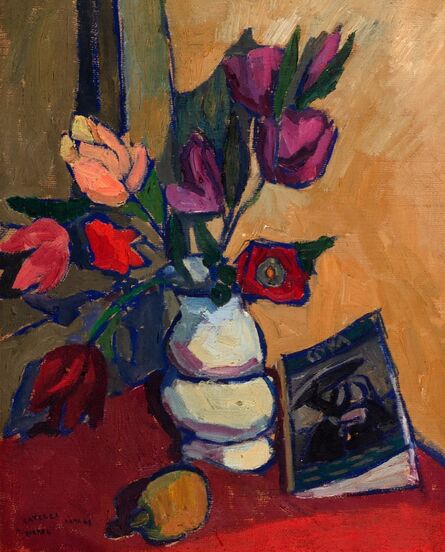 Angelo Savelli, ‘Still life with tulips and book’, 1943