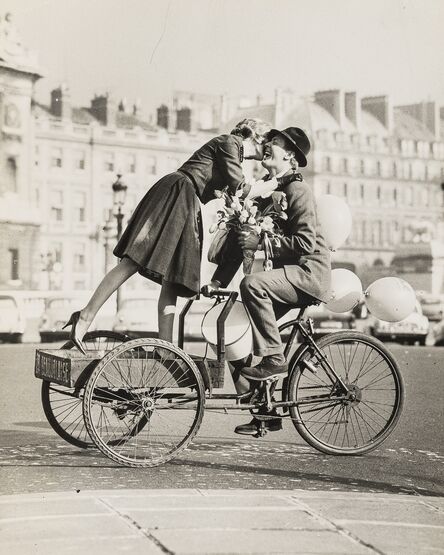 Norman Parkinson, ‘Couple on Tricycle with Tulips (Virginia Wynne Thomas); Couple on Lambretta (Judith Dent)’, 1959