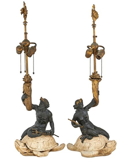 Attributed to E.F. Caldwell, ‘Pair Of E.F. Caldwell (Attr.) Gilt Bronze And Marble Triton Lamps’, early 20th c.