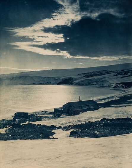 Herbert George Ponting, ‘The Hut at Cape Evans, looking over to the Barne Glacier at noon in the fading daylight’, 1911
