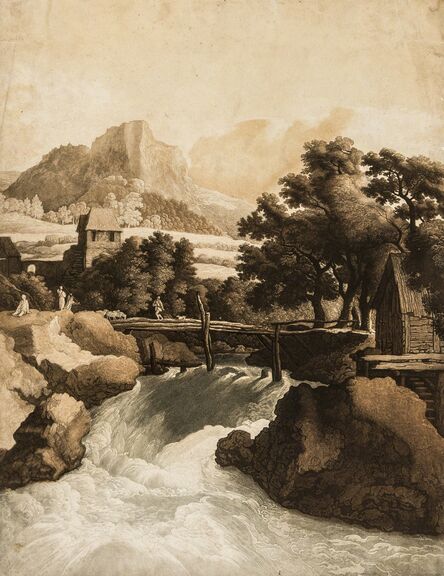 Johann Gottlieb Prestel, ‘Waterfall in a Rocky Landscape, with woodland and mountains beyond, after Jacob van Ruisdael’, circa 1800