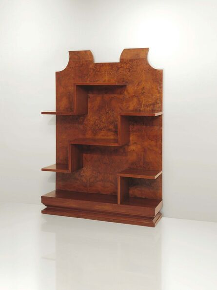 ‘A bookcase with a wooden structure and a root wood covering’