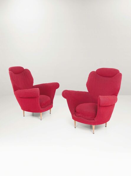 ‘A pair of armchairs with a wooden structure and fabric upholstery’, 1950 ca.
