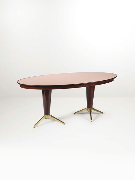 Attributed to Melchiorre Bega, ‘A table with a wooden structure, an opaline glass top and brass stands’, 1950 ca.