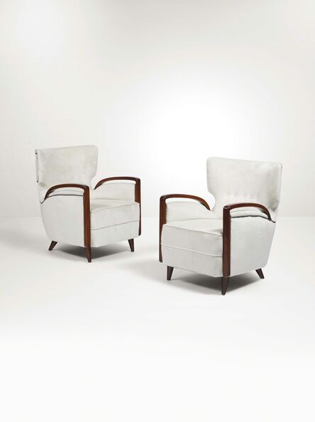 Melchiorre Bega, ‘A pair of mod. 511 armchairs with a wooden structure and fabric upholstery’, 1950 ca.