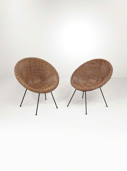 ‘A pair of chairs with a wicker seat and lacquered metal structure’, 1950 ca.