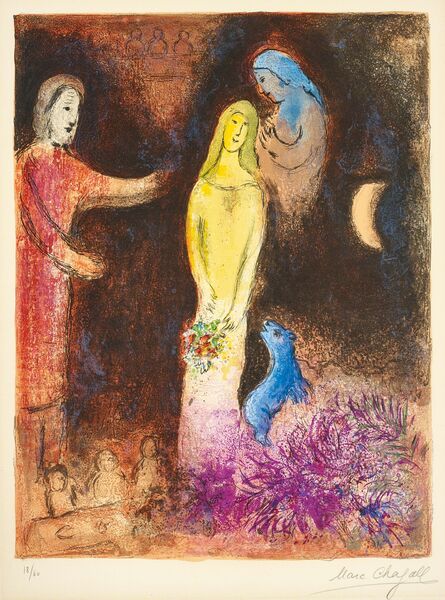 Marc Chagall, ‘Chloé vêtue et coiffée par Cléariste (Chloe Dressed and Capped by Cleariste), pl.38 from Daphnis et Chloé’, 1961