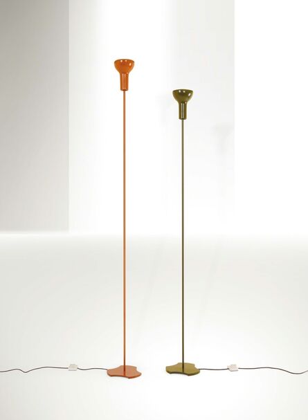 Gino Sarfatti, ‘two 1073 first-edition floor lamps with a lacquered metal structure, lacquered aluminum diffuser and cast iron base’, 1956
