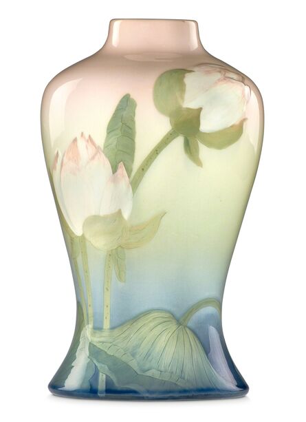 Lenore Asbury, ‘Iris Glaze factory lamp base with lotus flowers (uncrazed), Cincinnati, OH’, 1906