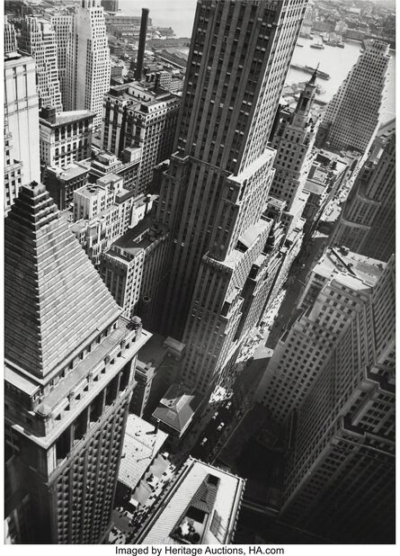 Berenice Abbott, ‘Wall Street Showing East River from Roof of Irving Trust Co. Building, May 4,’, 1938