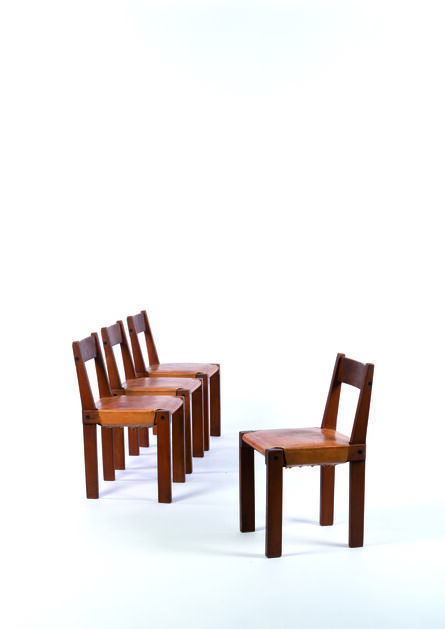 Pierre Chapo, ‘Four  S24 dining chairs in elm and leather’, vers 1960
