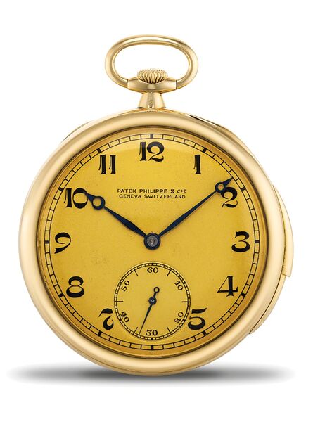 Patek Philippe, ‘An elegant and fine yellow gold minute repeating open face pocket with presentation box’, 1922