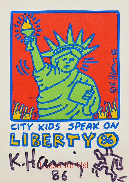 Keith Haring, ‘Running Man on City Kids Speak on Liberty’, 1986