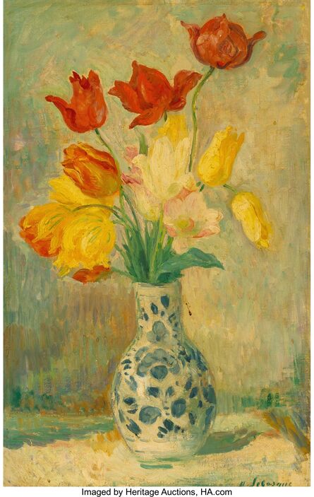 Henri Lebasque, ‘Tulips in a Delftware vase’